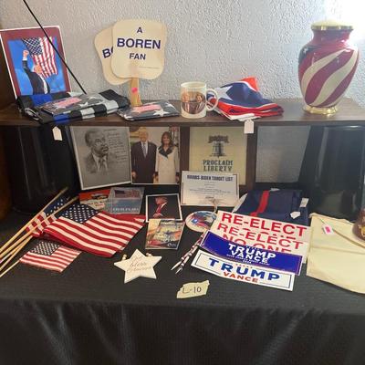 Sale Photo Thumbnail #296: Trump pictures, flags ( confederate, fireman, police) 
Table and trash cans and shelf do not sale