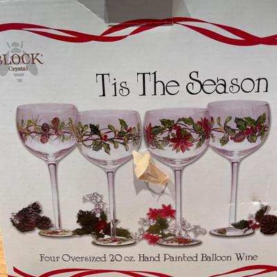 Block tall stem wine glasses, ornaments, Lenox heart, and three Gorham Christmas balls