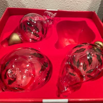 Block tall stem wine glasses, ornaments, Lenox heart, and three Gorham Christmas balls