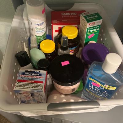 Sale Photo Thumbnail #324: Med supplies, personal hygiene, brushes, curlers, vintage sewing
Shelves, white totes do not sale