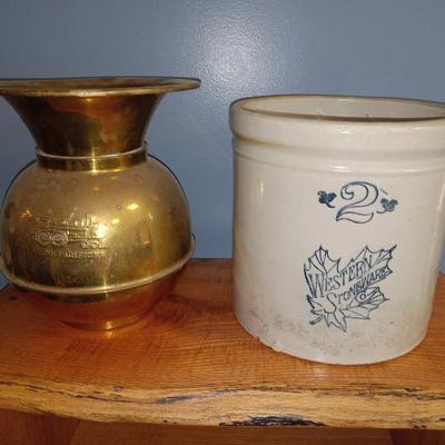 2 gallon western Stoneware crock and brass spittoon