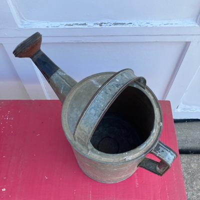 LOT 71: Painted Red Wooden Bench with Vintage Galvanized Heavy Duty Bucket / Pail and Watering Can