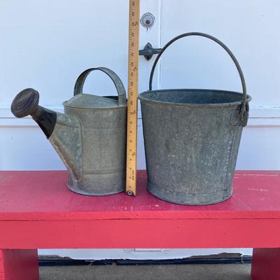 LOT 71: Painted Red Wooden Bench with Vintage Galvanized Heavy Duty Bucket / Pail and Watering Can