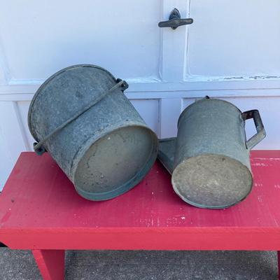 LOT 71: Painted Red Wooden Bench with Vintage Galvanized Heavy Duty Bucket / Pail and Watering Can