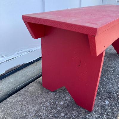LOT 71: Painted Red Wooden Bench with Vintage Galvanized Heavy Duty Bucket / Pail and Watering Can