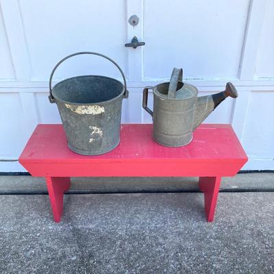 LOT 71: Painted Red Wooden Bench with Vintage Galvanized Heavy Duty Bucket / Pail and Watering Can