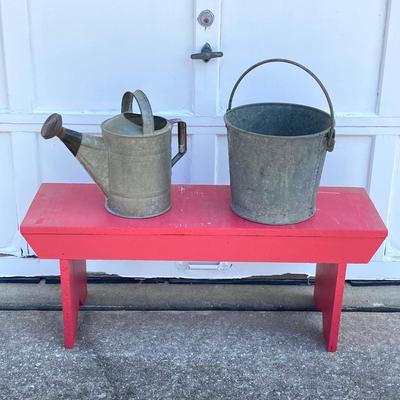 LOT 71: Painted Red Wooden Bench with Vintage Galvanized Heavy Duty Bucket / Pail and Watering Can