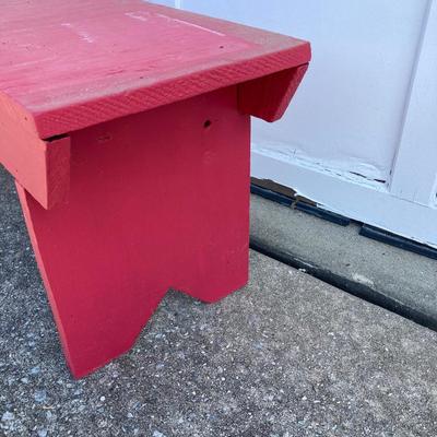 LOT 71: Painted Red Wooden Bench with Vintage Galvanized Heavy Duty Bucket / Pail and Watering Can