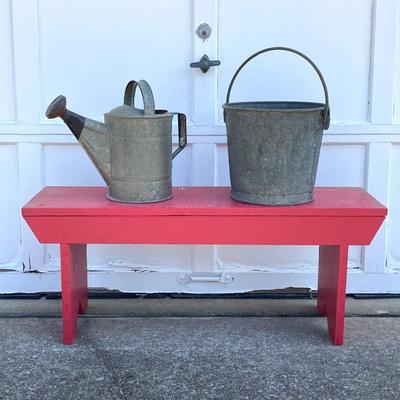LOT 71: Painted Red Wooden Bench with Vintage Galvanized Heavy Duty Bucket / Pail and Watering Can