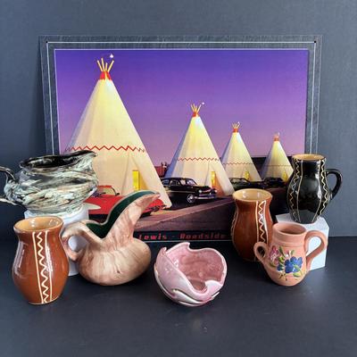 LOT 102: Lucinda Lewis Metal Sign, Vintage Romco Rockey Mountain Pottery, Folk Art Pottery