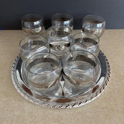 LOT 105: MCM Silver Rim Rolly Polly Glasses: Silver Rim is Etched & Oneida 10" Round Tray