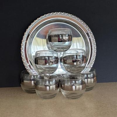 LOT 105: MCM Silver Rim Rolly Polly Glasses: Silver Rim is Etched & Oneida 10" Round Tray