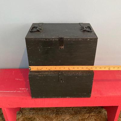 LOT 111: Pair of Painted Black Wooden Boxes with Tools and More