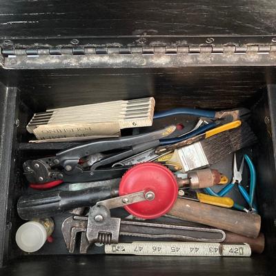 LOT 111: Pair of Painted Black Wooden Boxes with Tools and More