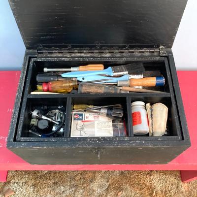 LOT 111: Pair of Painted Black Wooden Boxes with Tools and More