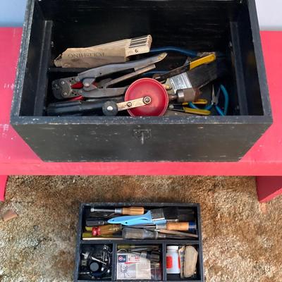 LOT 111: Pair of Painted Black Wooden Boxes with Tools and More
