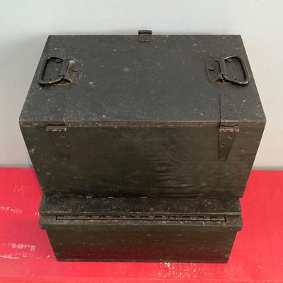 LOT 111: Pair of Painted Black Wooden Boxes with Tools and More