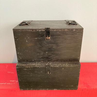 LOT 111: Pair of Painted Black Wooden Boxes with Tools and More
