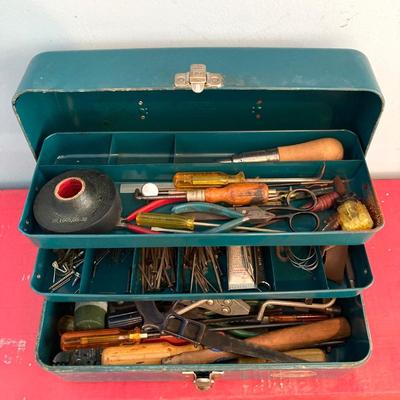 LOT 112: Vintage Hand Tools with Metal Union Corp Watertite Model No. 5414 Storage Box and Contents