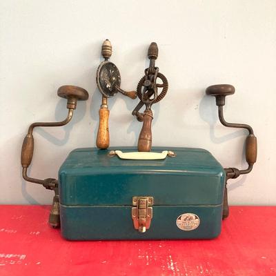 LOT 112: Vintage Hand Tools with Metal Union Corp Watertite Model No. 5414 Storage Box and Contents