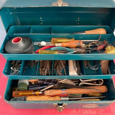 LOT 112: Vintage Hand Tools with Metal Union Corp Watertite Model No. 5414 Storage Box and Contents