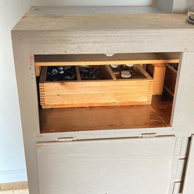 LOT 122: Beautifully Crafted Rolling Wood Storage Cabinet with Contents and McLean Engineering Laboratories Grinding Wheel