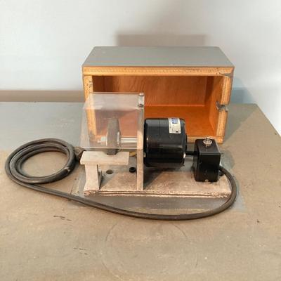 LOT 122: Beautifully Crafted Rolling Wood Storage Cabinet with Contents and McLean Engineering Laboratories Grinding Wheel