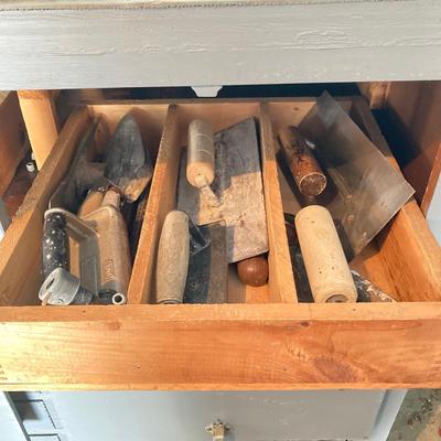 LOT 122: Beautifully Crafted Rolling Wood Storage Cabinet with Contents and McLean Engineering Laboratories Grinding Wheel