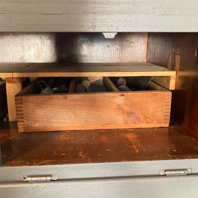 LOT 122: Beautifully Crafted Rolling Wood Storage Cabinet with Contents and McLean Engineering Laboratories Grinding Wheel