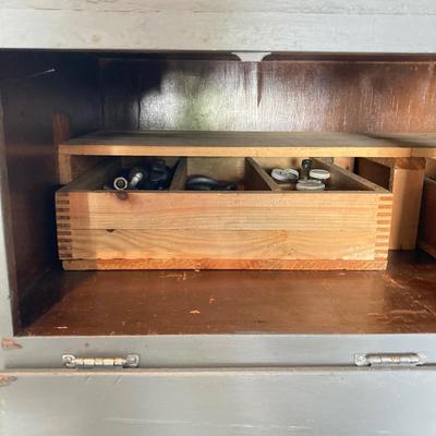 LOT 122: Beautifully Crafted Rolling Wood Storage Cabinet with Contents and McLean Engineering Laboratories Grinding Wheel