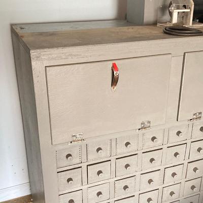 LOT 122: Beautifully Crafted Rolling Wood Storage Cabinet with Contents and McLean Engineering Laboratories Grinding Wheel