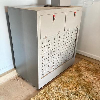 LOT 122: Beautifully Crafted Rolling Wood Storage Cabinet with Contents and McLean Engineering Laboratories Grinding Wheel