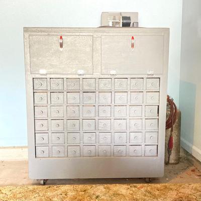 LOT 122: Beautifully Crafted Rolling Wood Storage Cabinet with Contents and McLean Engineering Laboratories Grinding Wheel