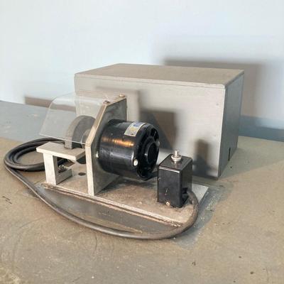 LOT 122: Beautifully Crafted Rolling Wood Storage Cabinet with Contents and McLean Engineering Laboratories Grinding Wheel