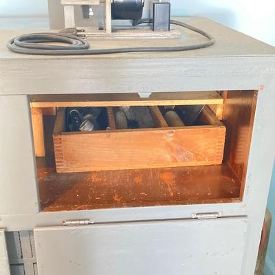 LOT 122: Beautifully Crafted Rolling Wood Storage Cabinet with Contents and McLean Engineering Laboratories Grinding Wheel