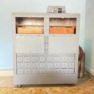 LOT 122: Beautifully Crafted Rolling Wood Storage Cabinet with Contents and McLean Engineering Laboratories Grinding Wheel