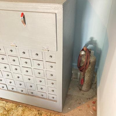 LOT 122: Beautifully Crafted Rolling Wood Storage Cabinet with Contents and McLean Engineering Laboratories Grinding Wheel
