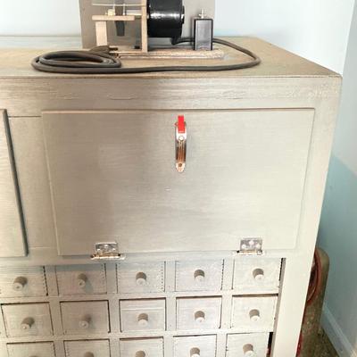 LOT 122: Beautifully Crafted Rolling Wood Storage Cabinet with Contents and McLean Engineering Laboratories Grinding Wheel