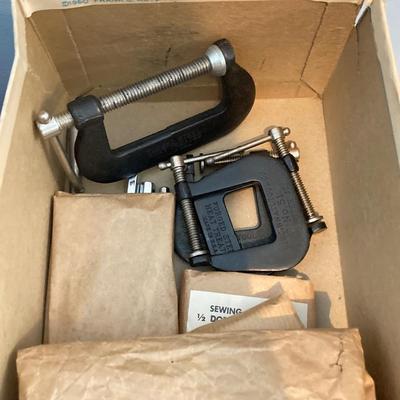 LOT 124: Vintage Wooden Tool / Storage Box with Tools and More (Some New in Package)
