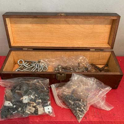LOT 124: Vintage Wooden Tool / Storage Box with Tools and More (Some New in Package)