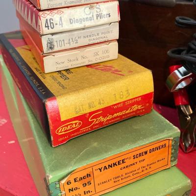 LOT 124: Vintage Wooden Tool / Storage Box with Tools and More (Some New in Package)
