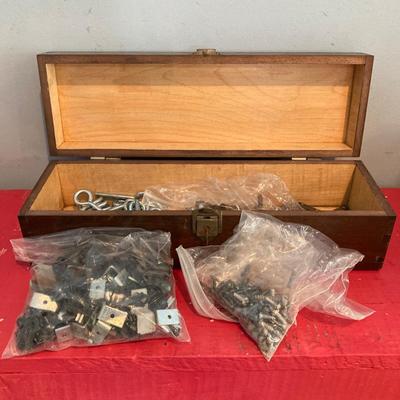 LOT 124: Vintage Wooden Tool / Storage Box with Tools and More (Some New in Package)