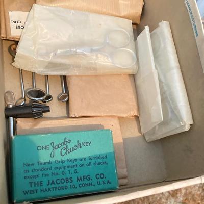 LOT 124: Vintage Wooden Tool / Storage Box with Tools and More (Some New in Package)