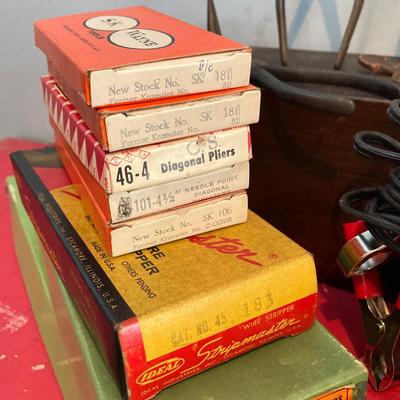 LOT 124: Vintage Wooden Tool / Storage Box with Tools and More (Some New in Package)