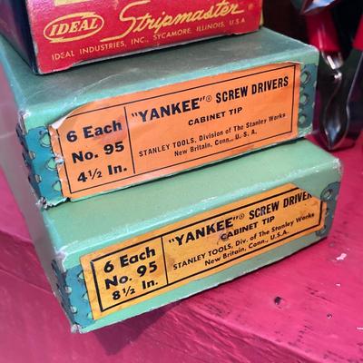 LOT 124: Vintage Wooden Tool / Storage Box with Tools and More (Some New in Package)