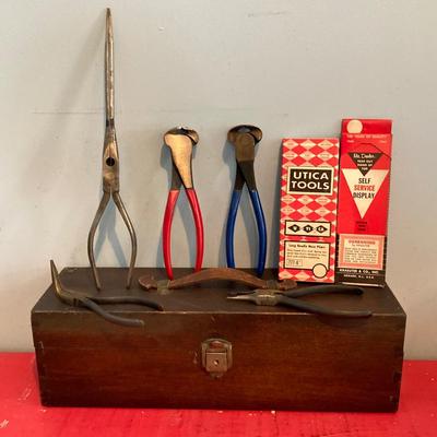 LOT 124: Vintage Wooden Tool / Storage Box with Tools and More (Some New in Package)