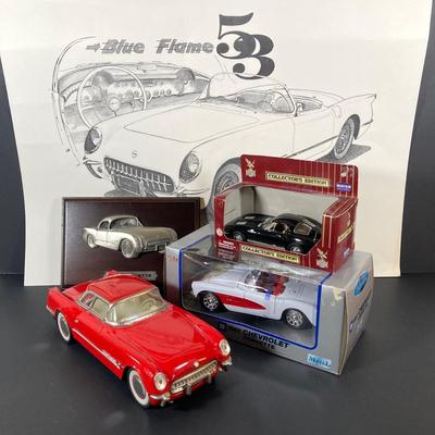 LOT 131: Vintage Metal 53 Red Corvette, The National Corvette Museum Blue Flame 53 Print, 3 Dimensional Wall Plaque and Two Diecast...