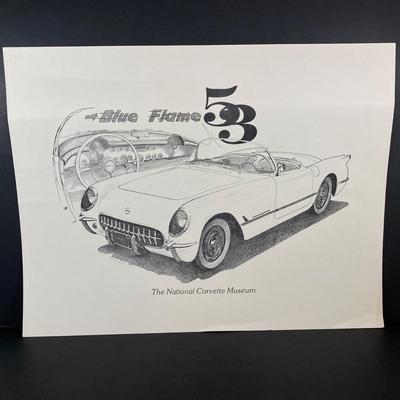 LOT 131: Vintage Metal 53 Red Corvette, The National Corvette Museum Blue Flame 53 Print, 3 Dimensional Wall Plaque and Two Diecast...