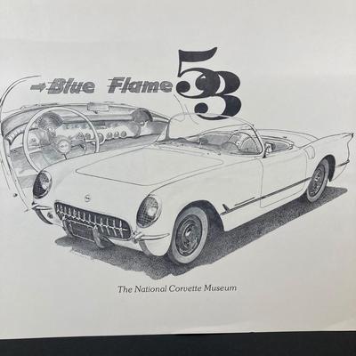 LOT 131: Vintage Metal 53 Red Corvette, The National Corvette Museum Blue Flame 53 Print, 3 Dimensional Wall Plaque and Two Diecast...