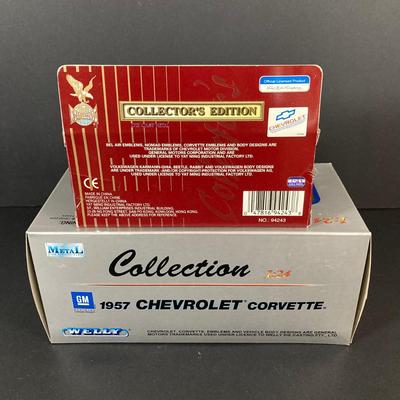 LOT 131: Vintage Metal 53 Red Corvette, The National Corvette Museum Blue Flame 53 Print, 3 Dimensional Wall Plaque and Two Diecast...